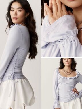 Anthropologie Maeve Long-Sleeve Ruffle Scoop-Neck Ruched Top Lavender M NWT